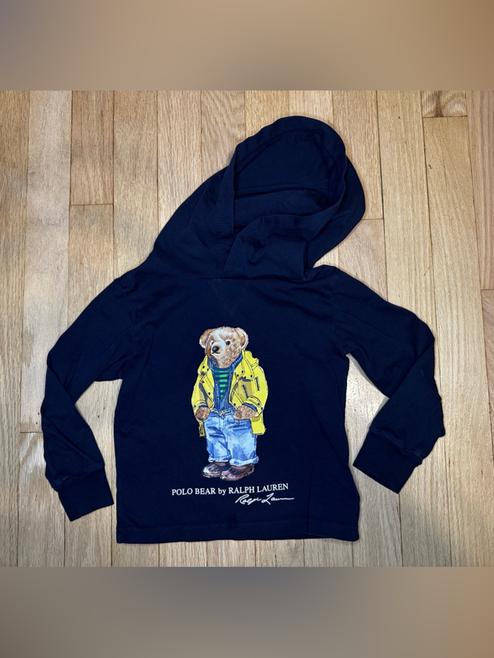 Polo by Ralph Lauren Navy Hoodie with Yellow Jacket Polo Bear Graphic Size: 3